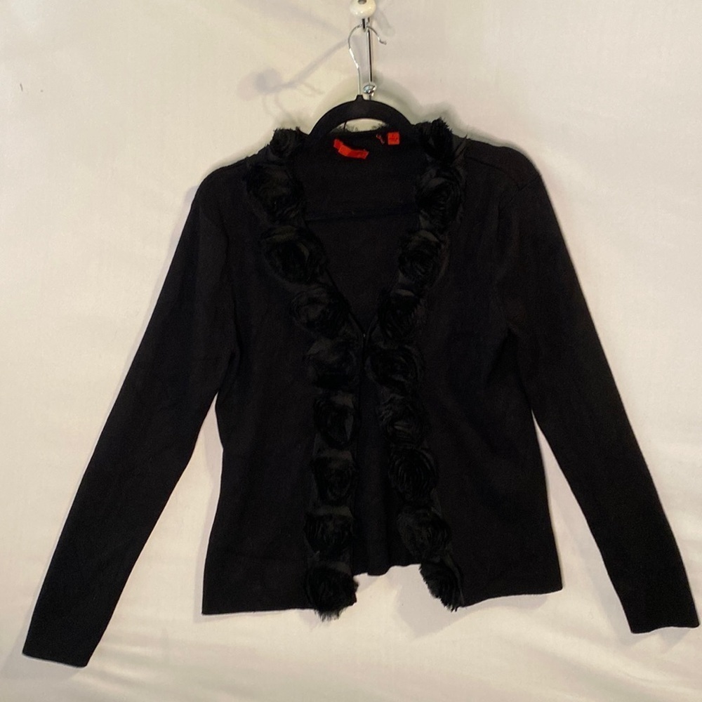 RED Brand Black Cardigan Sweater with Rosette Trim  Size Large